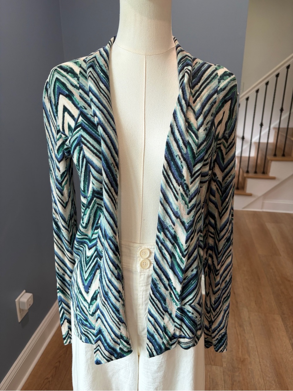 NIC+ZOE Linen Blend Abstract Chevron Open Front Cardigan Size S